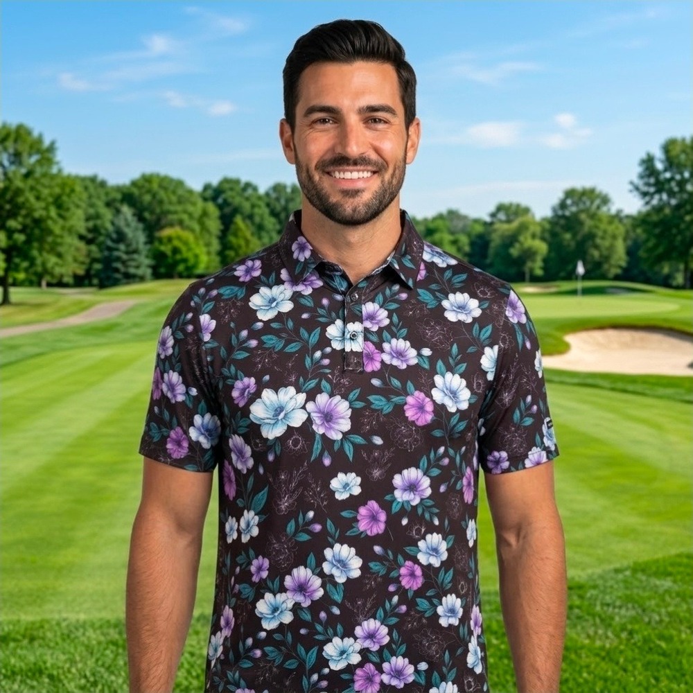 Byrdgang Mens Floral Golf Polo Shirt Large Black Purple Blue Performance Stretch